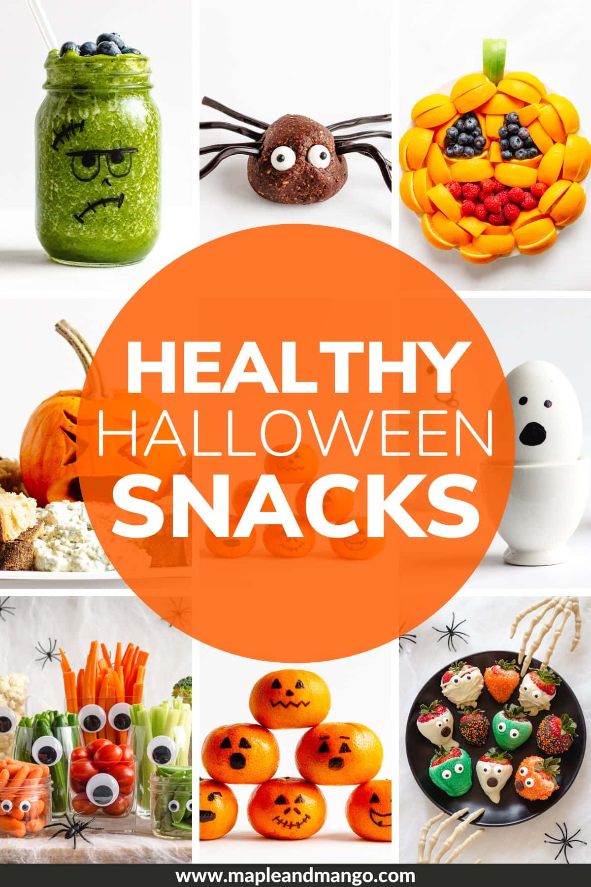 Graphic showing a collage of Halloween snacks and treats with text overlay "Healthy Halloween Snacks".