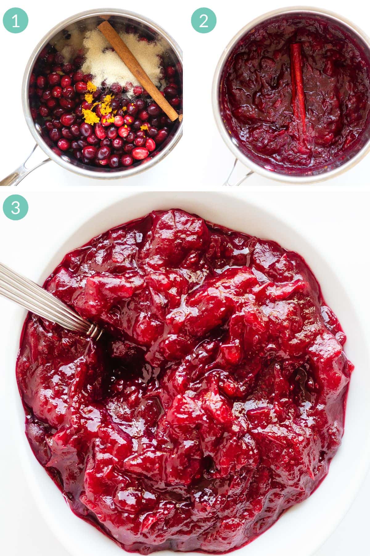 Numbered graphic showing steps to make homemade cranberry sauce.