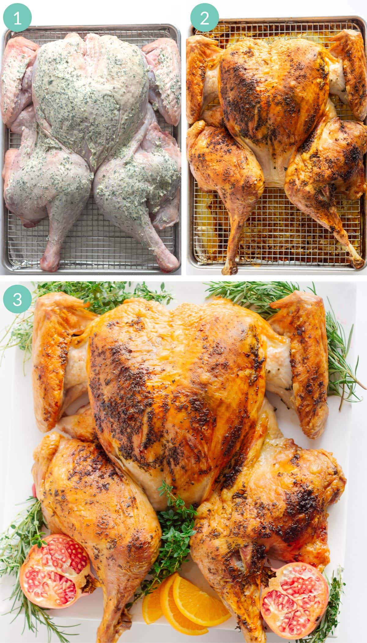 Numbered photo collage showing stages of a spatchcock turkey being roasted.