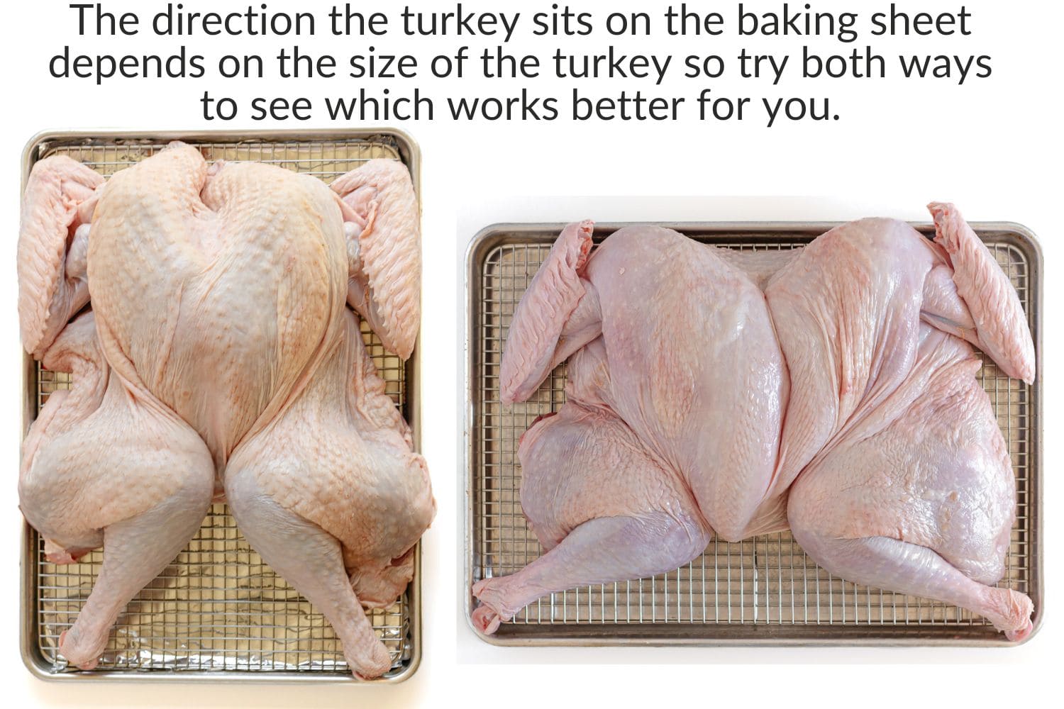 Collage graphic showing the two different ways a spatchcock turkey can be placed on a baking sheet.