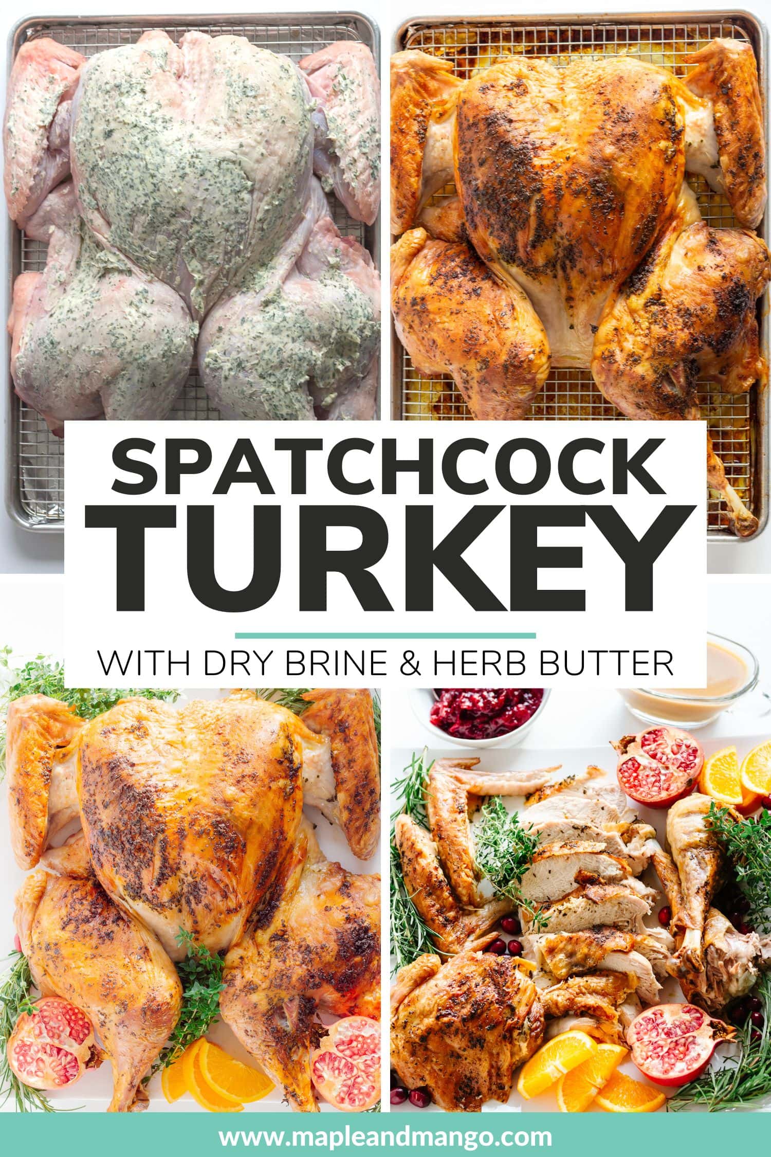 Photo collage pinterest graphic for Spatchcock Turkey With Dry Brine & Herb Butter.
