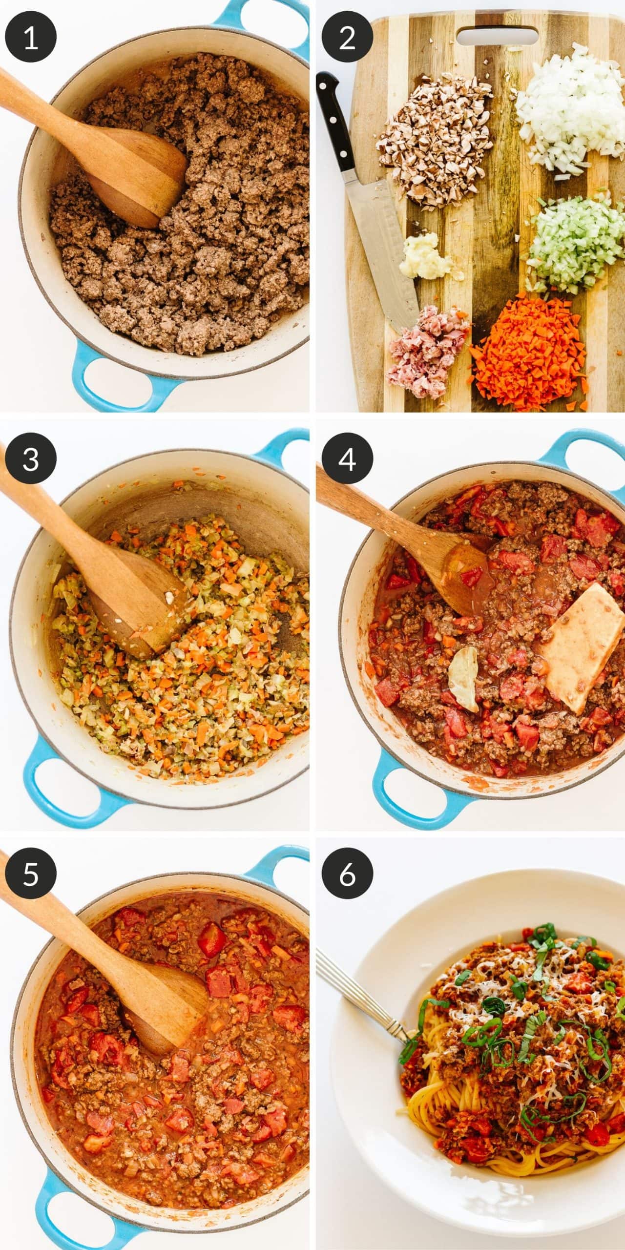 Step by step photo collage on how to make bolognese sauce