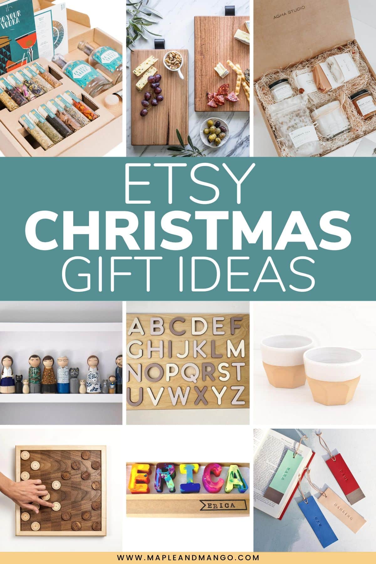 Photo collage of items found on Etsy with text overlay that reads "Etsy Christmas Gift Ideas".