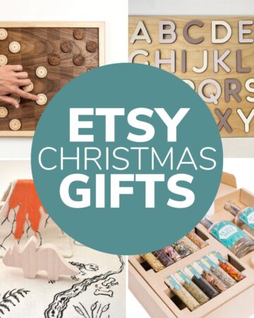 Photo collage of four gift ideas found on Etsy with text overlay that reads "Etsy Christmas Gifts".