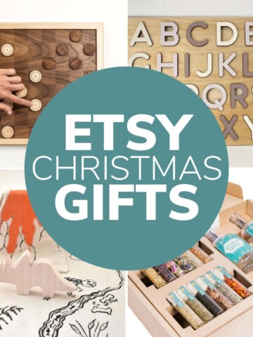 Photo collage of four gift ideas found on Etsy with text overlay that reads "Etsy Christmas Gifts".