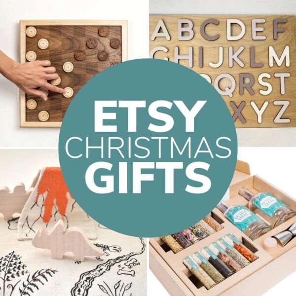 Photo collage of four gift ideas found on Etsy with text overlay that reads "Etsy Christmas Gifts".