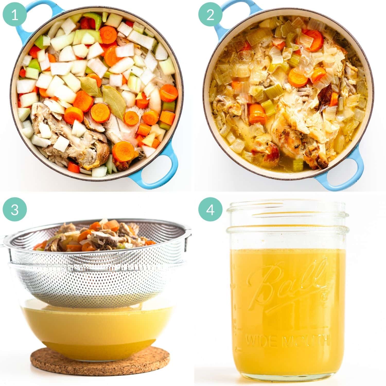 Step-by-step photo collage showing how to make turkey bone broth on the stovetop.