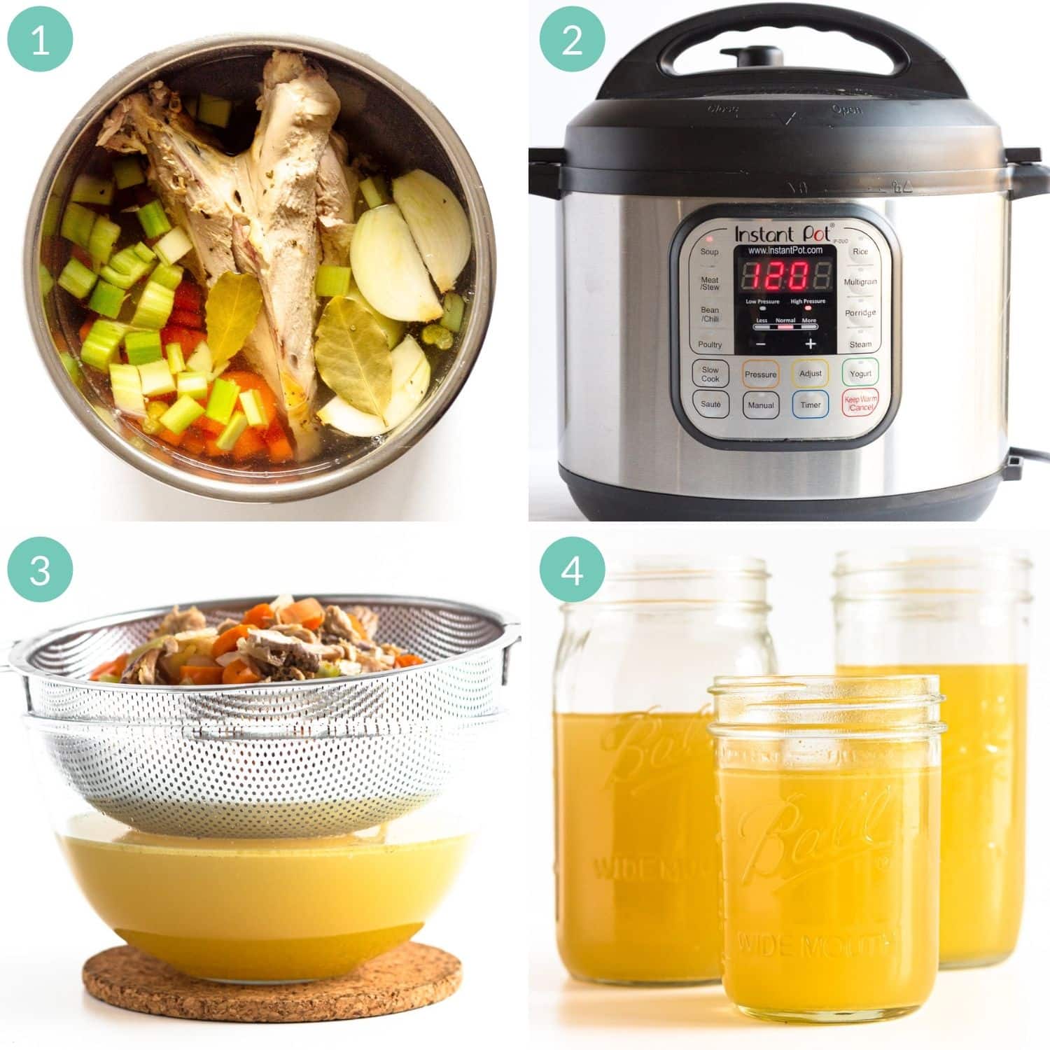 Step by step photo collage showing how to make turkey stock in the Instant Pot.
