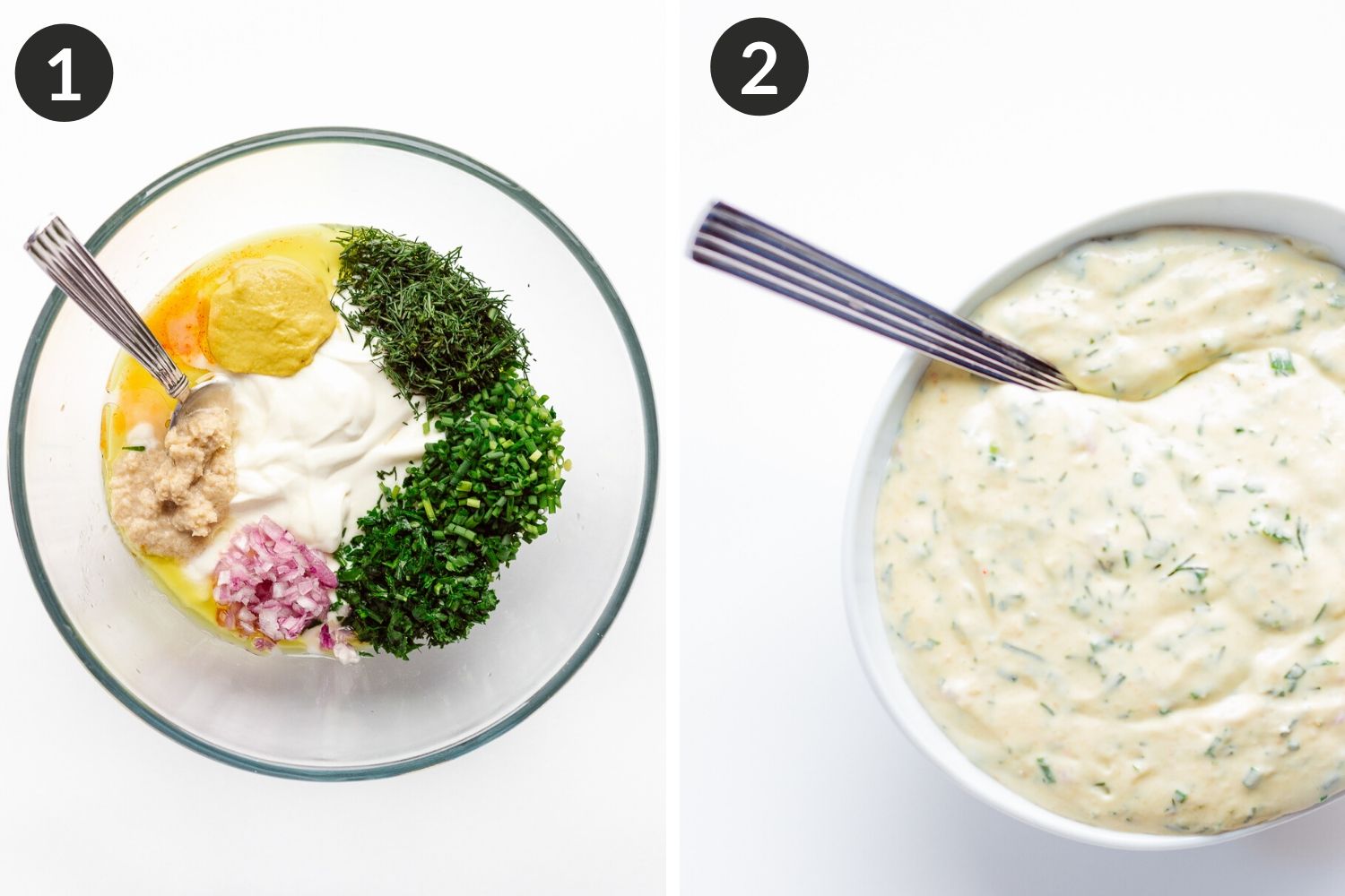 Process collage showing how to make creamy herb sauce/dip.