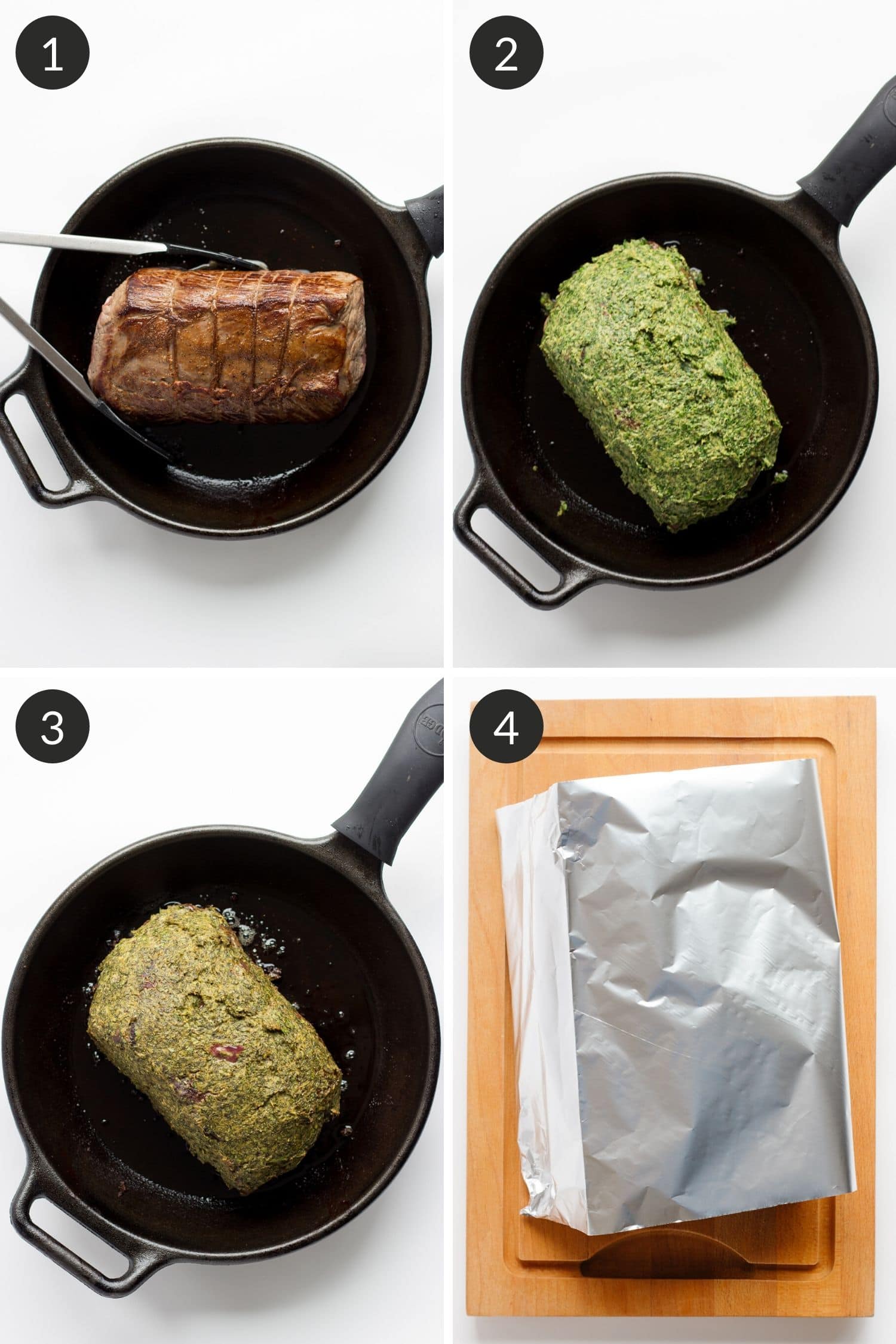 Process photo collage of steps showing how to make herb mustard crusted roast beef