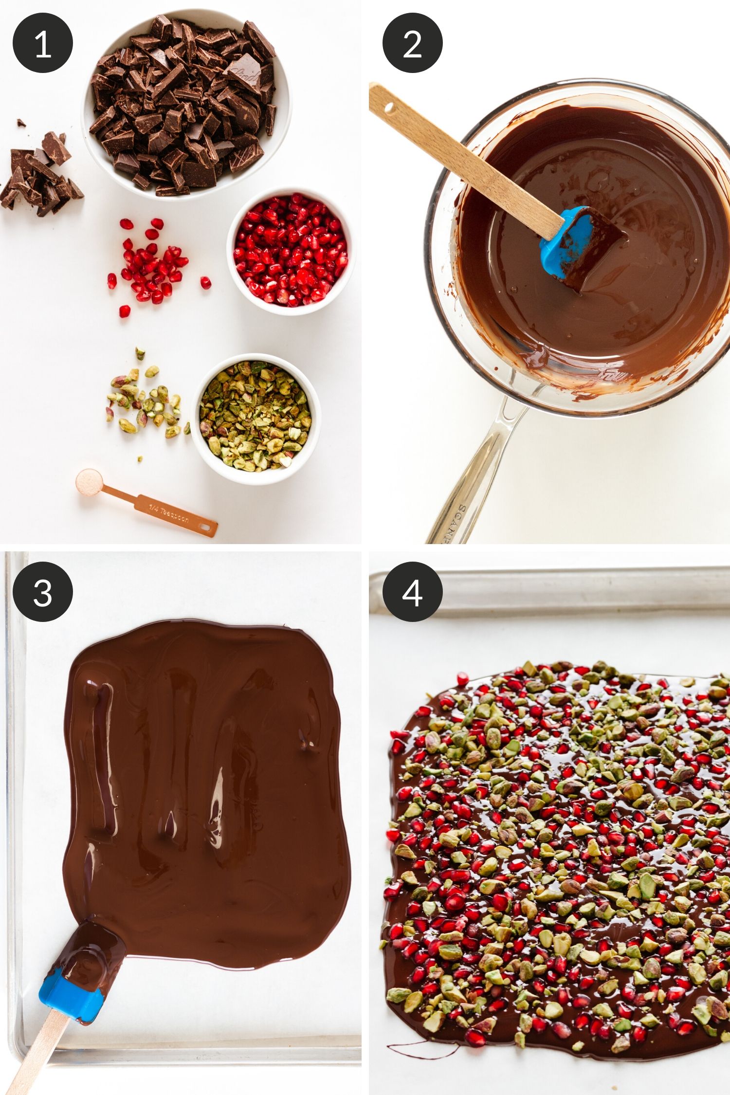 Collage of photos showing the steps to make pomegranate and pistachio dark chocolate bark.