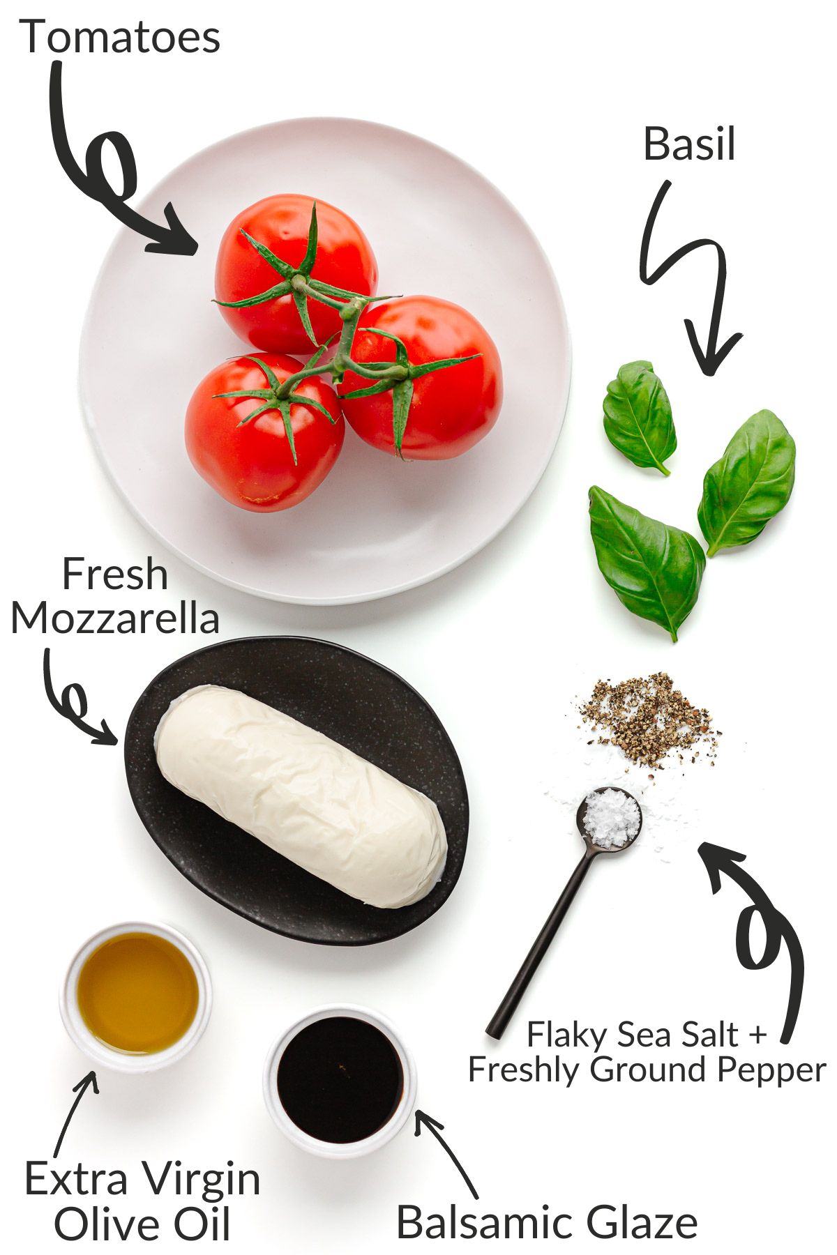 Labelled photo of ingredients needed to make a Christmas candy cane caprese salad.