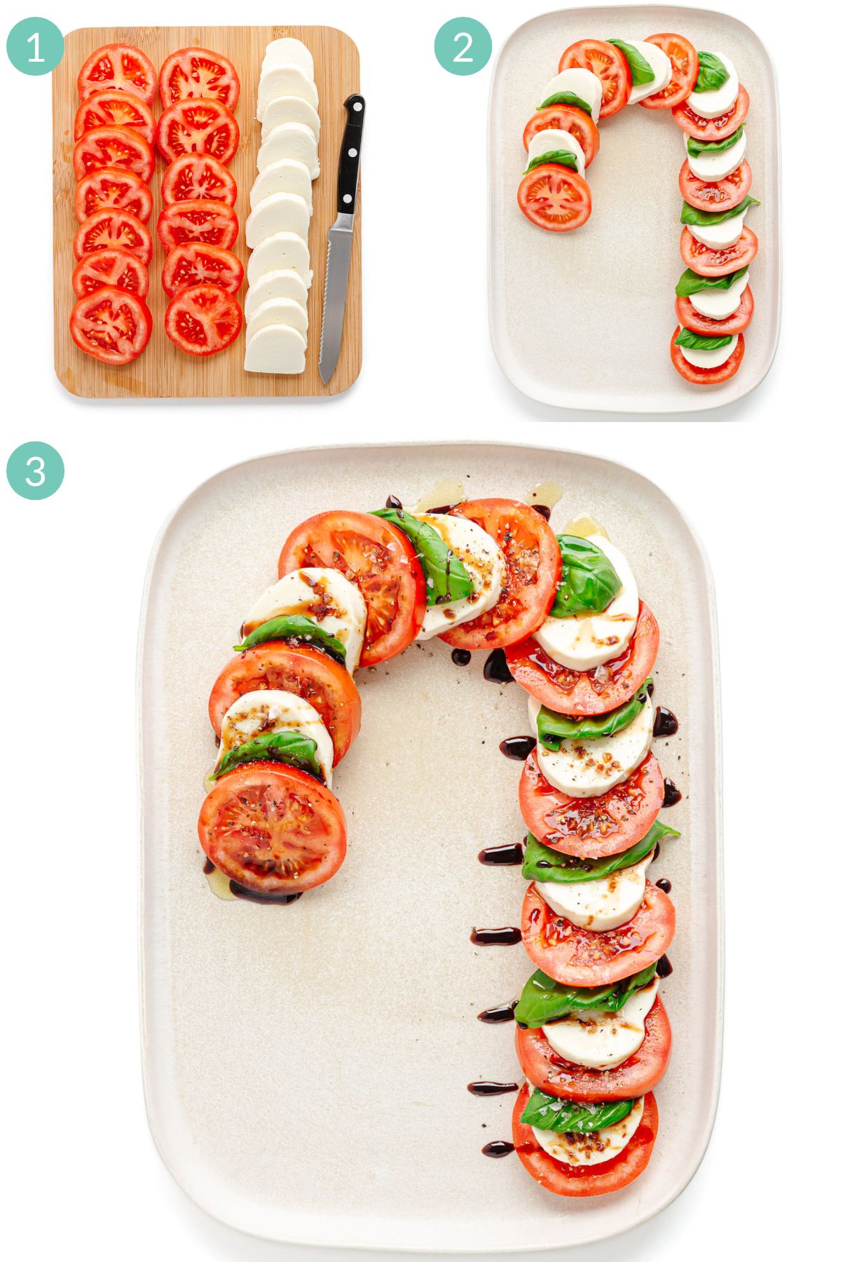 Numbered photo collage showing step-by-step how to make a candy cane caprese salad for Christmas.