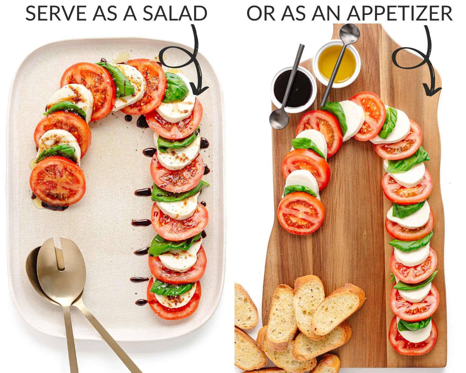 Labelled photo collage showing two ways to serve a Christmas Caprese: as a salad and as an appetizer board.