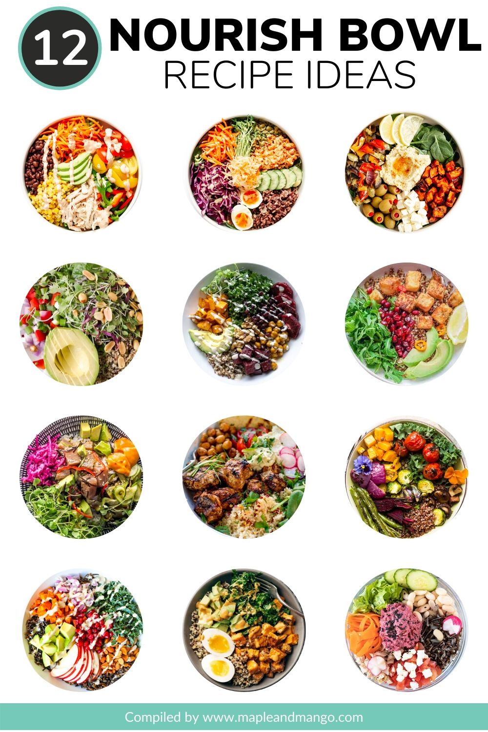 Collage of 12 different healthy nourish bowl recipe ideas.