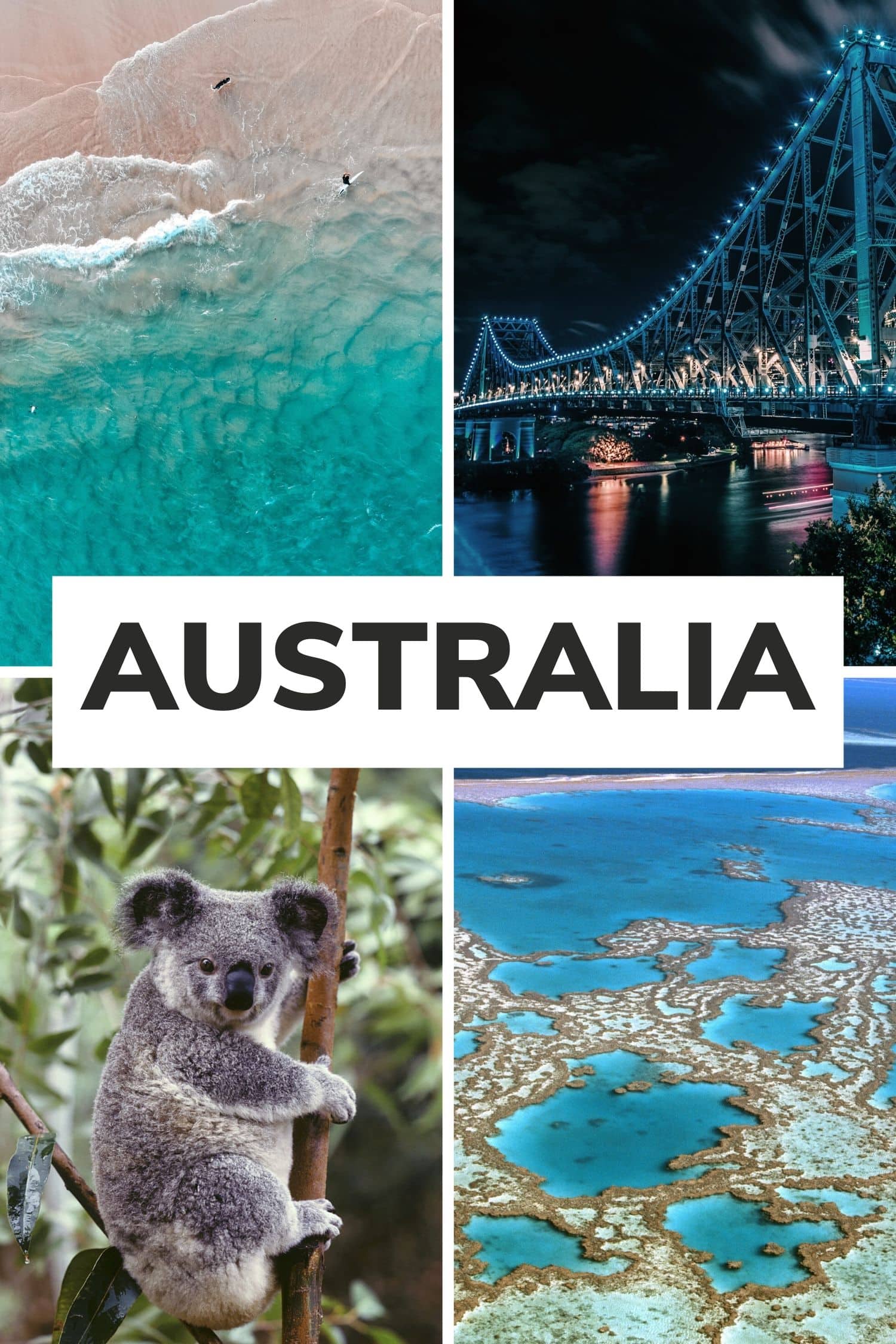 Collage of four pictures from Australia with text overlay that says "Australia"