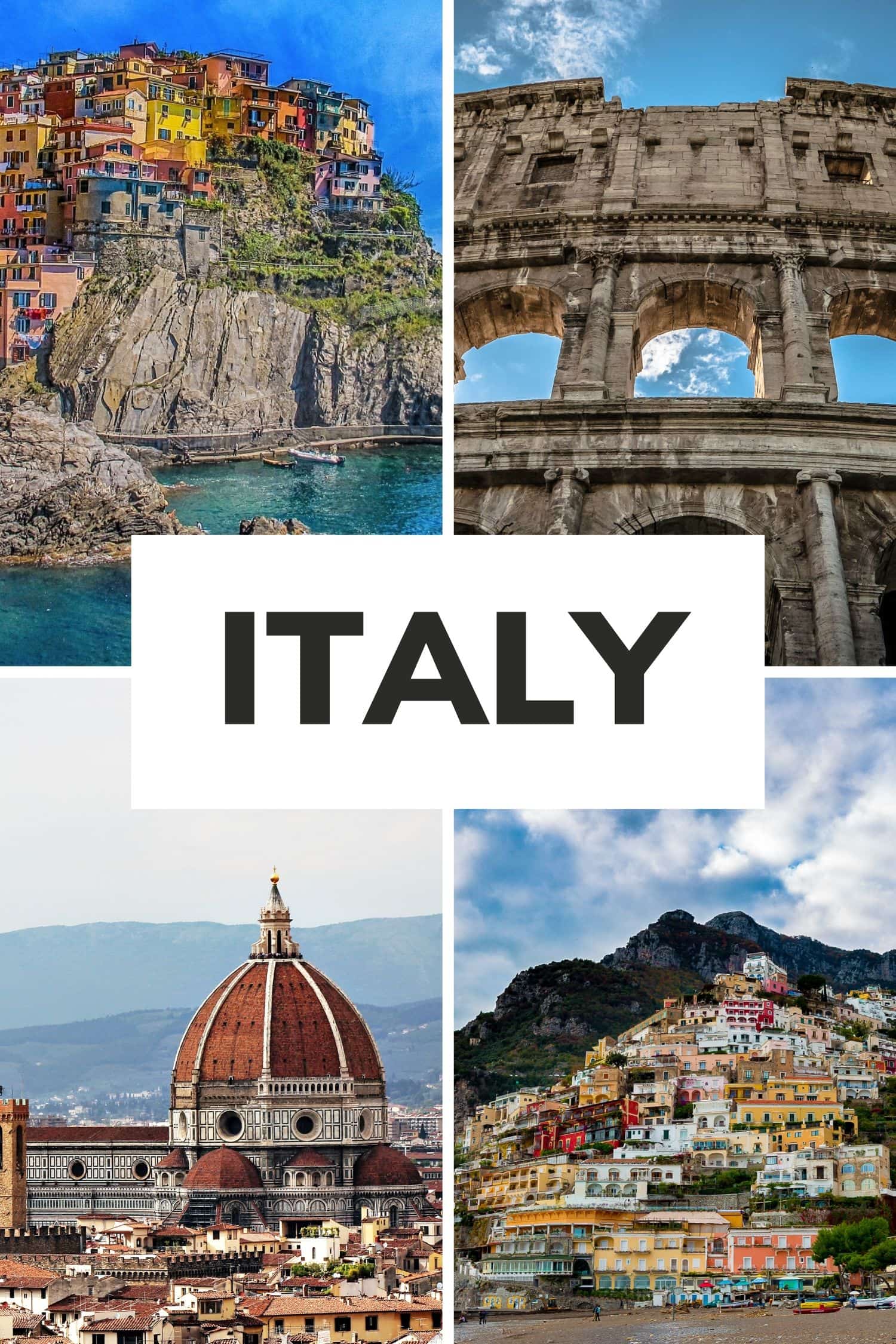 Collage of four pictures from Italy with text overlay that says "Italy"