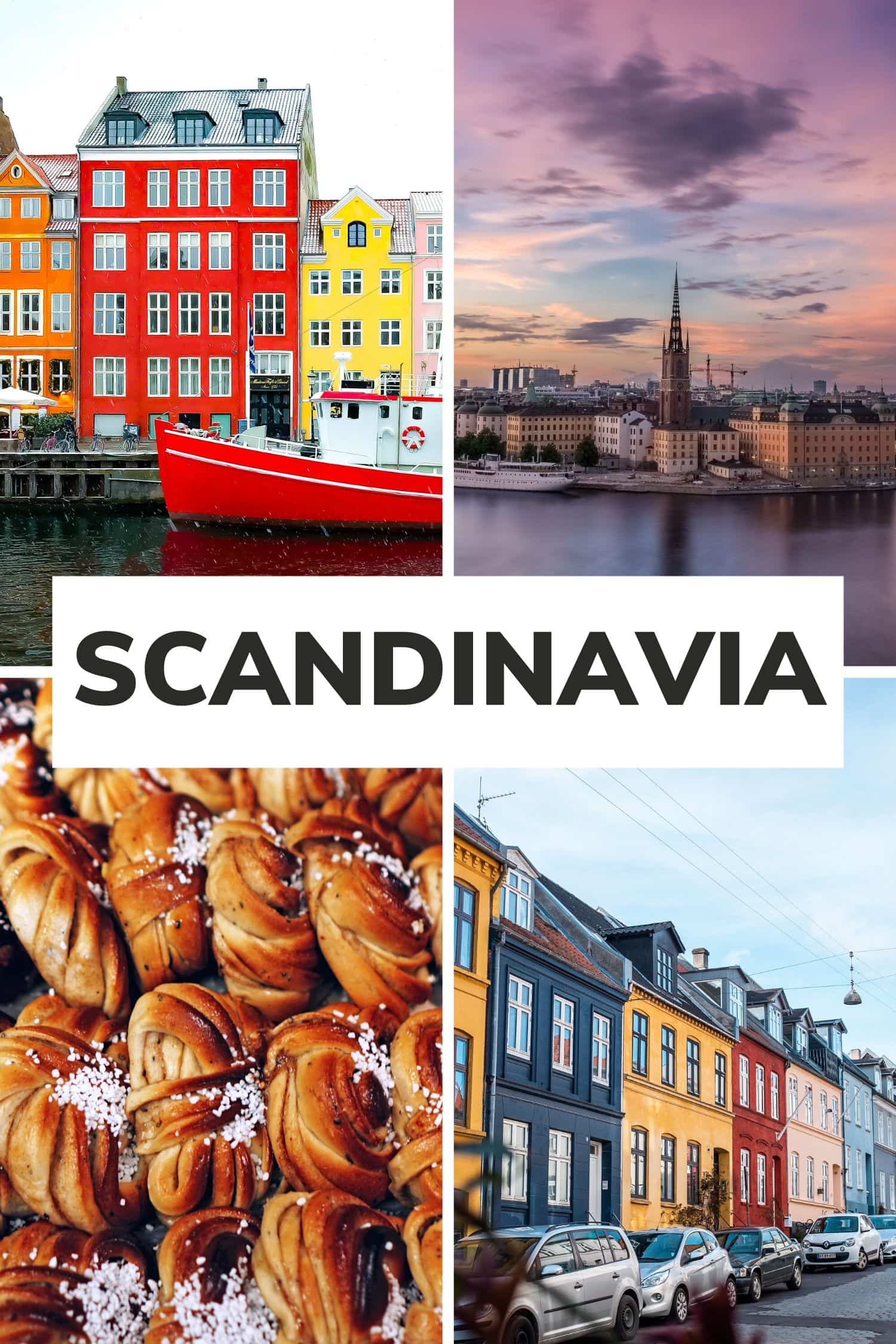 Collage of four pictures from Sweden and Denmark with text overlay that says "Scandinavia"