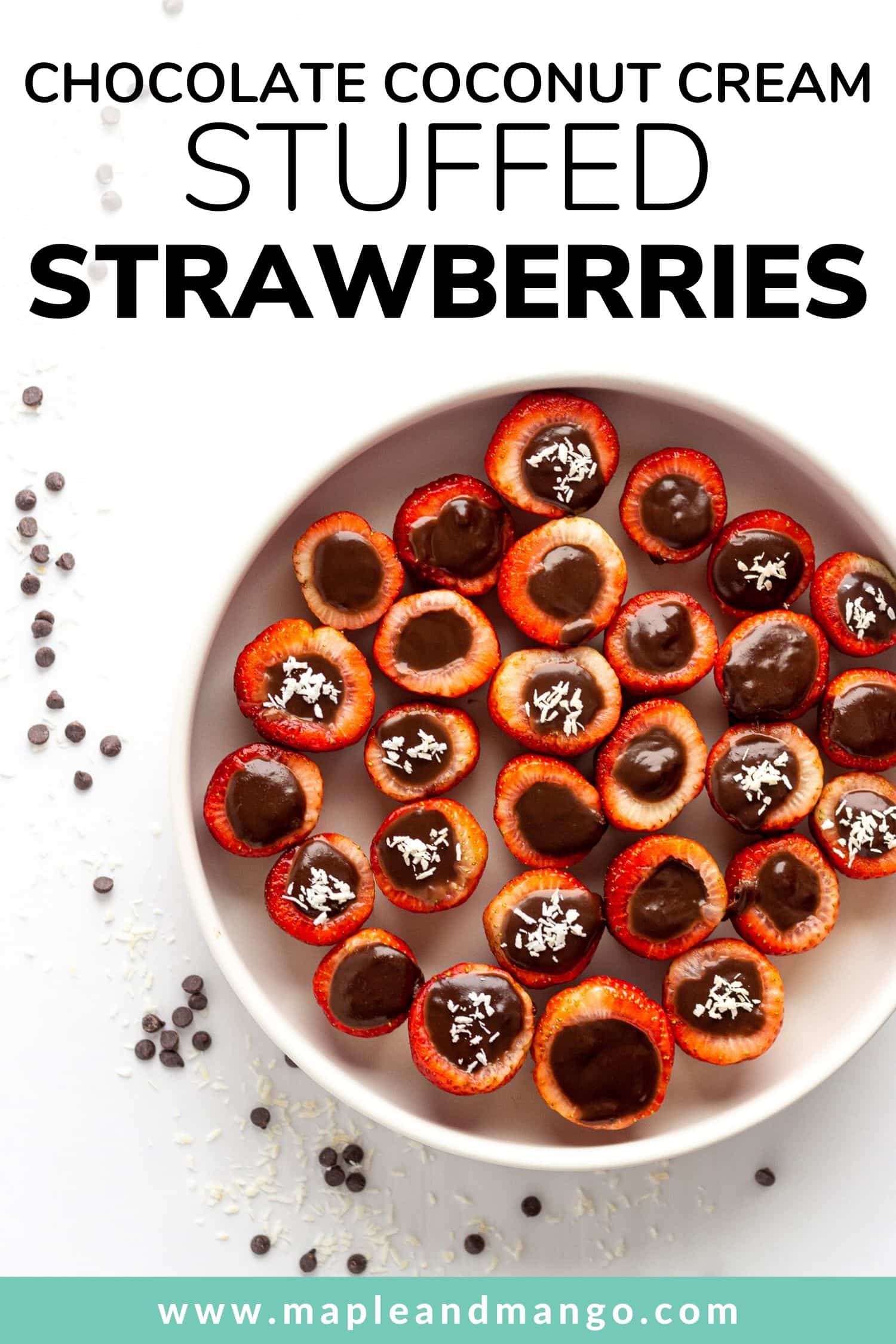 Pinterest image for chocolate coconut cream stuffed strawberries recipe