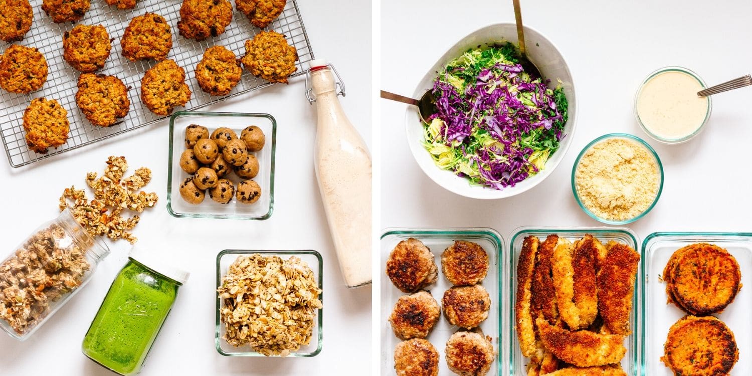 Two photo collage of a weekly healthy meal prep.