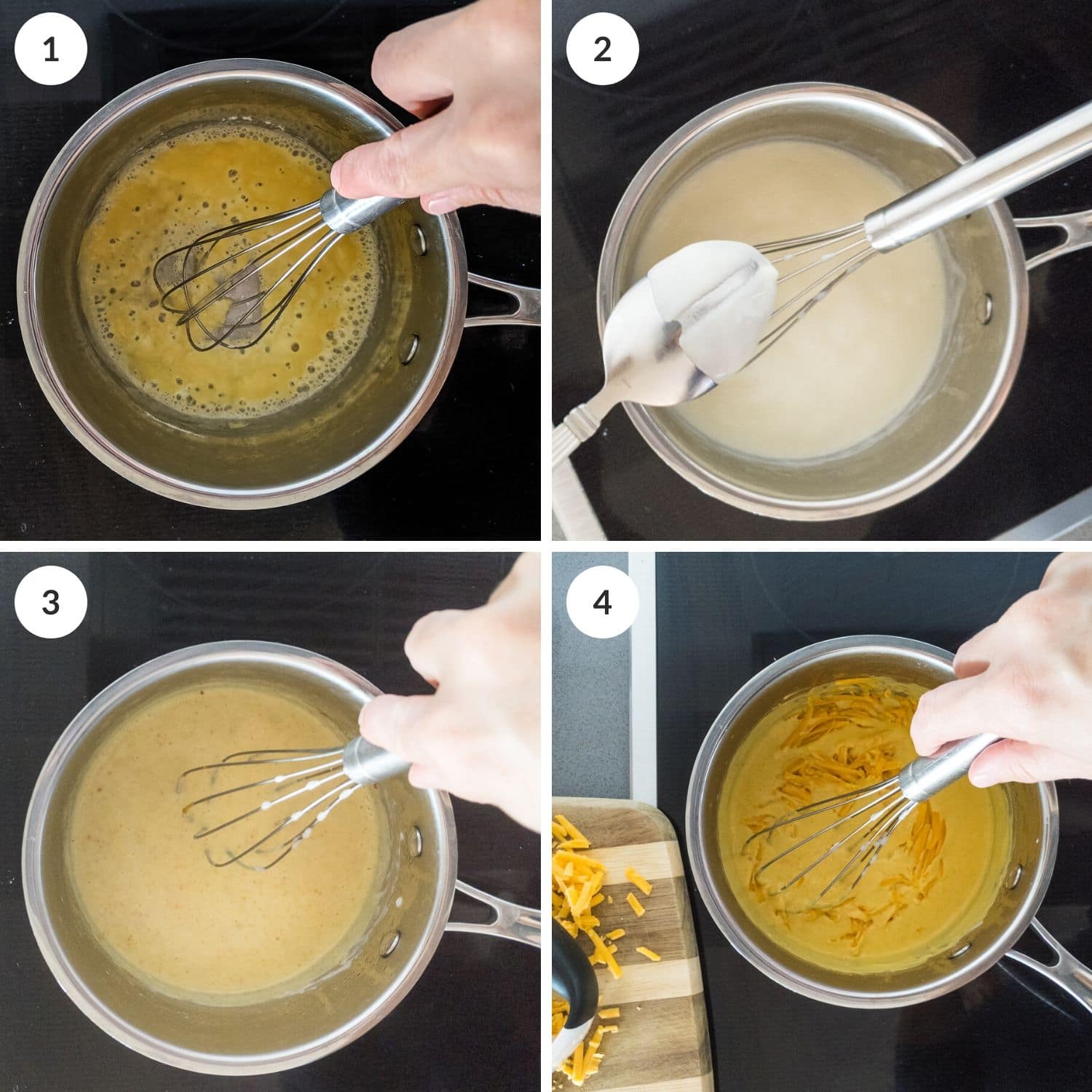 Step by step collage showing how to make nacho cheese from scratch.