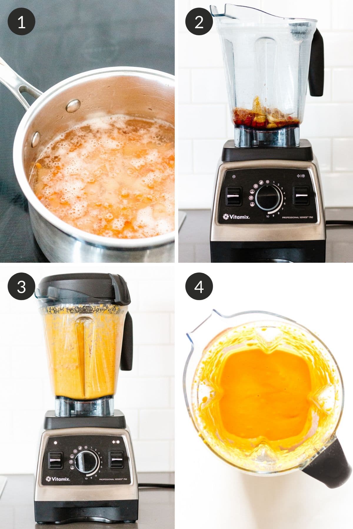 Collage of step by step pictures showing how to make vegan nacho cheese sauce.