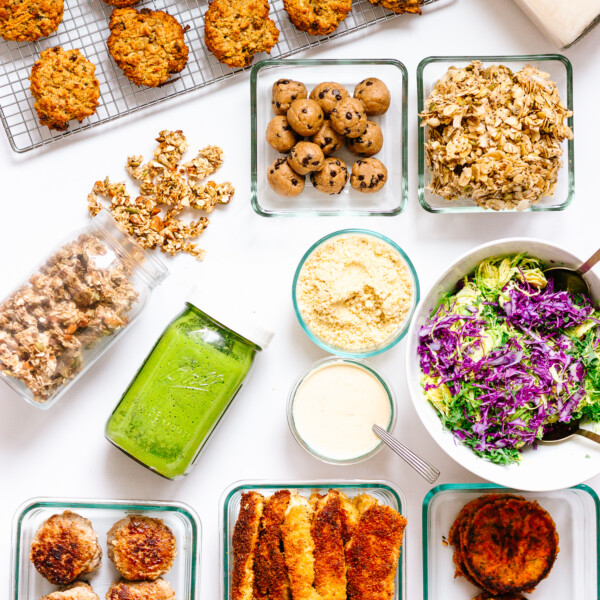 Overhead photo of a healthy meal prep.