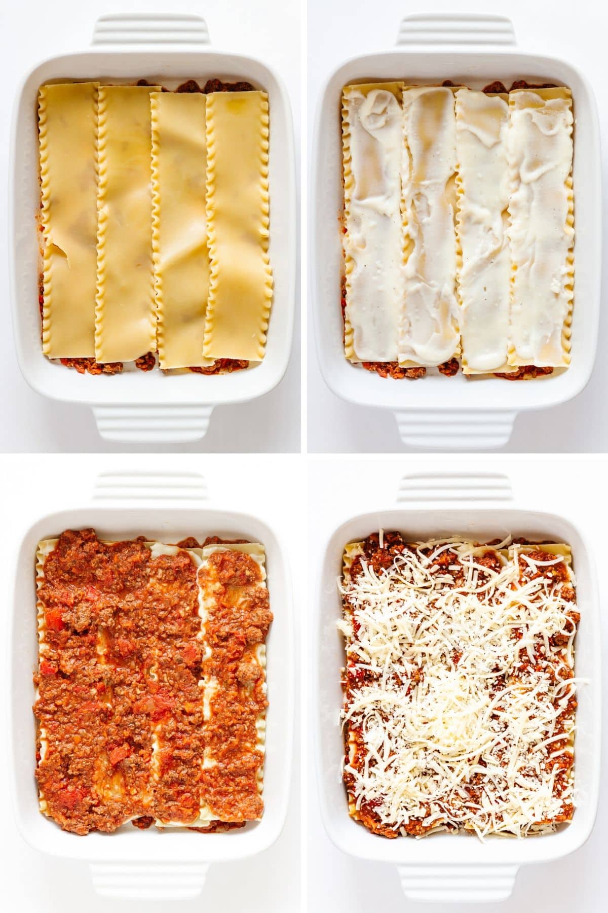 Collage of photos showing the steps in the first layer of lasagna assembly.