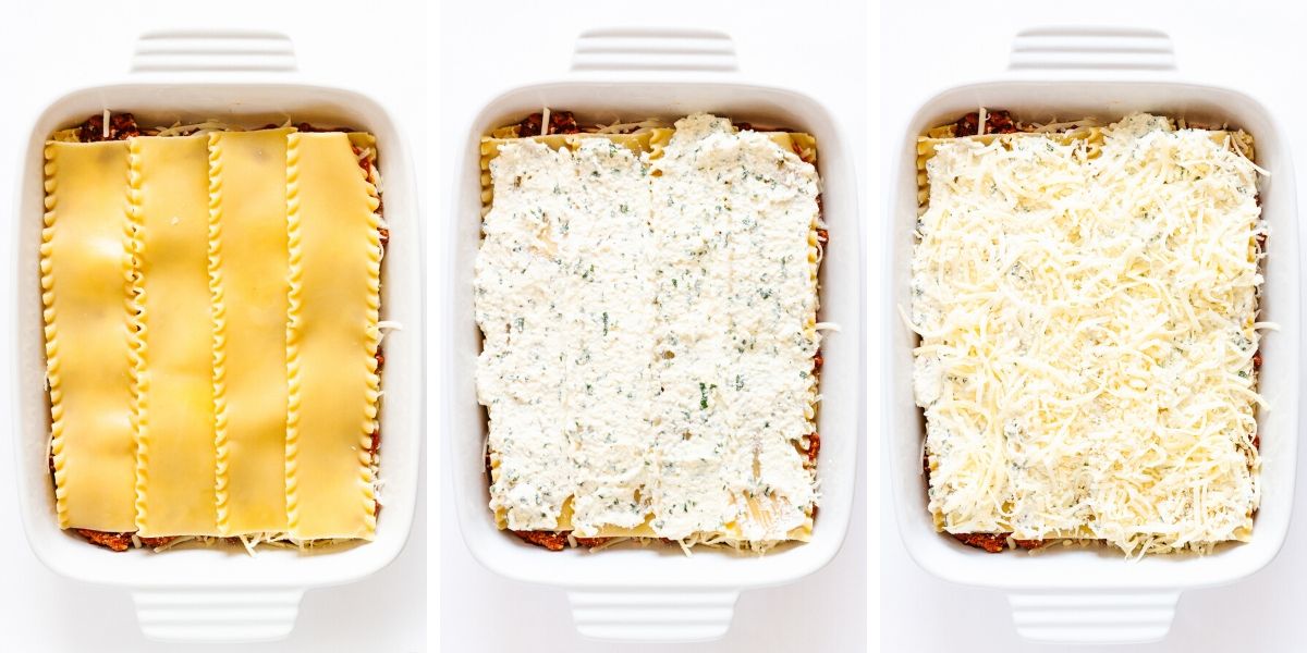 Collage of photos showing the steps in the second layer of lasagna assembly.