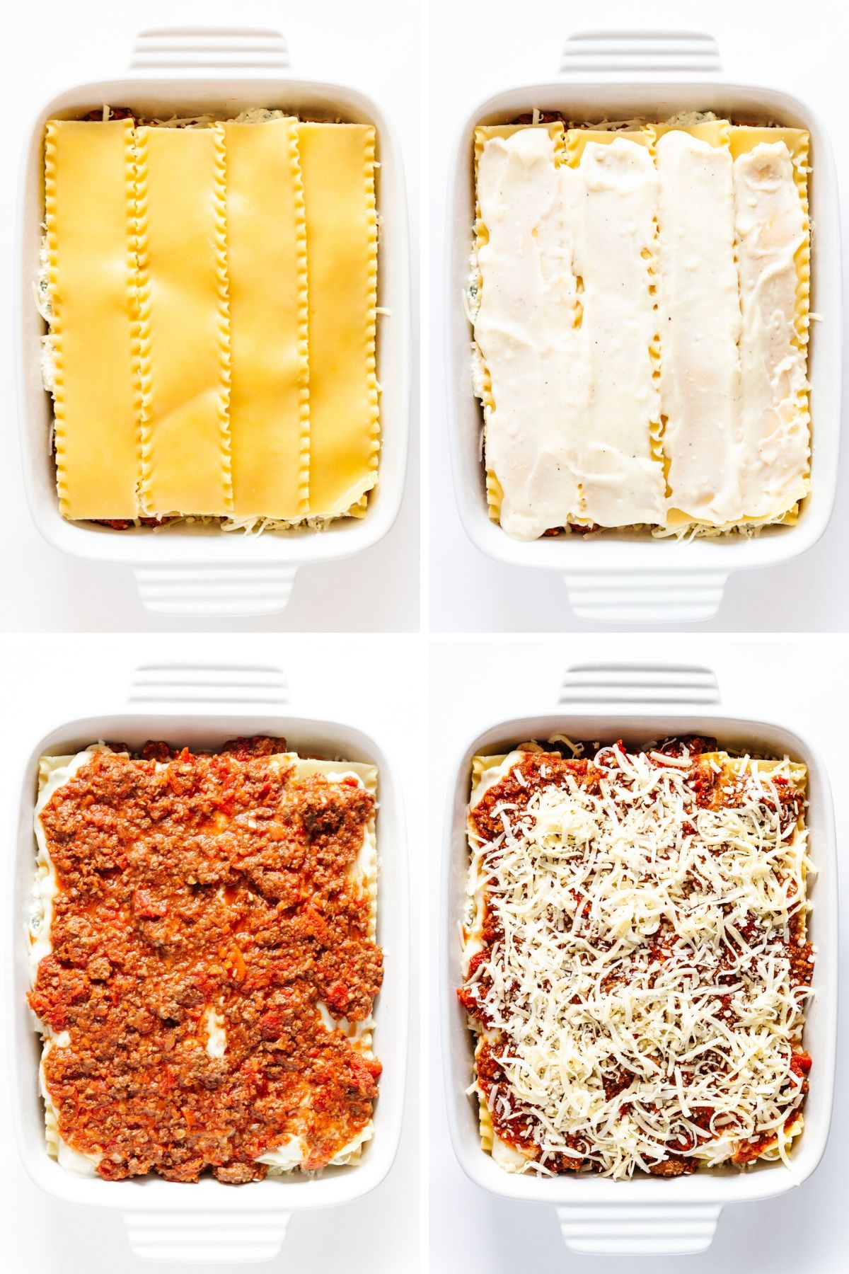 Collage of photos showing the steps in the third layer of lasagna assembly.