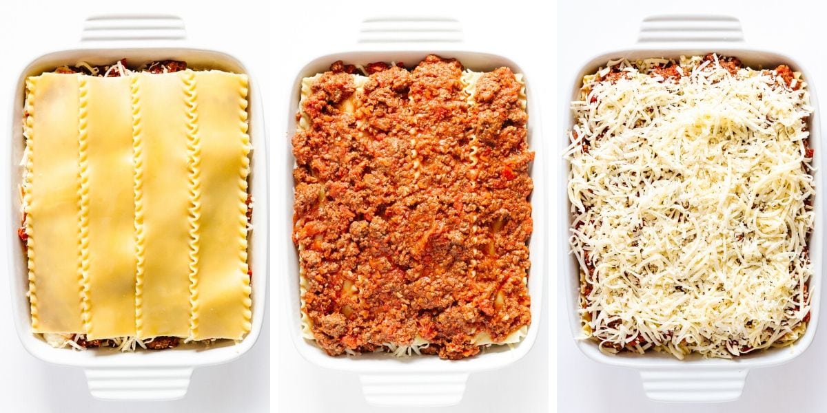 Collage of photos showing the steps in the fourth layer of lasagna assembly.