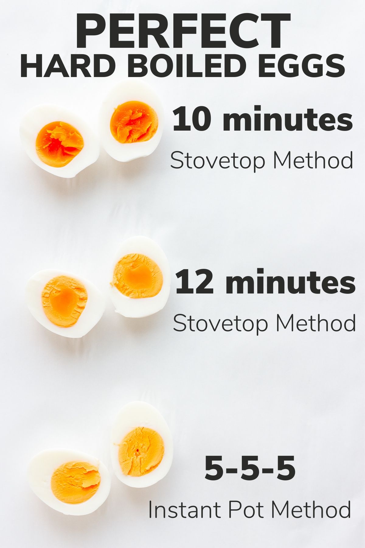 Infographic showing hard boiled eggs at 10 and 12 minutes using the stovetop method and the 5-5-5 Instant Pot method.