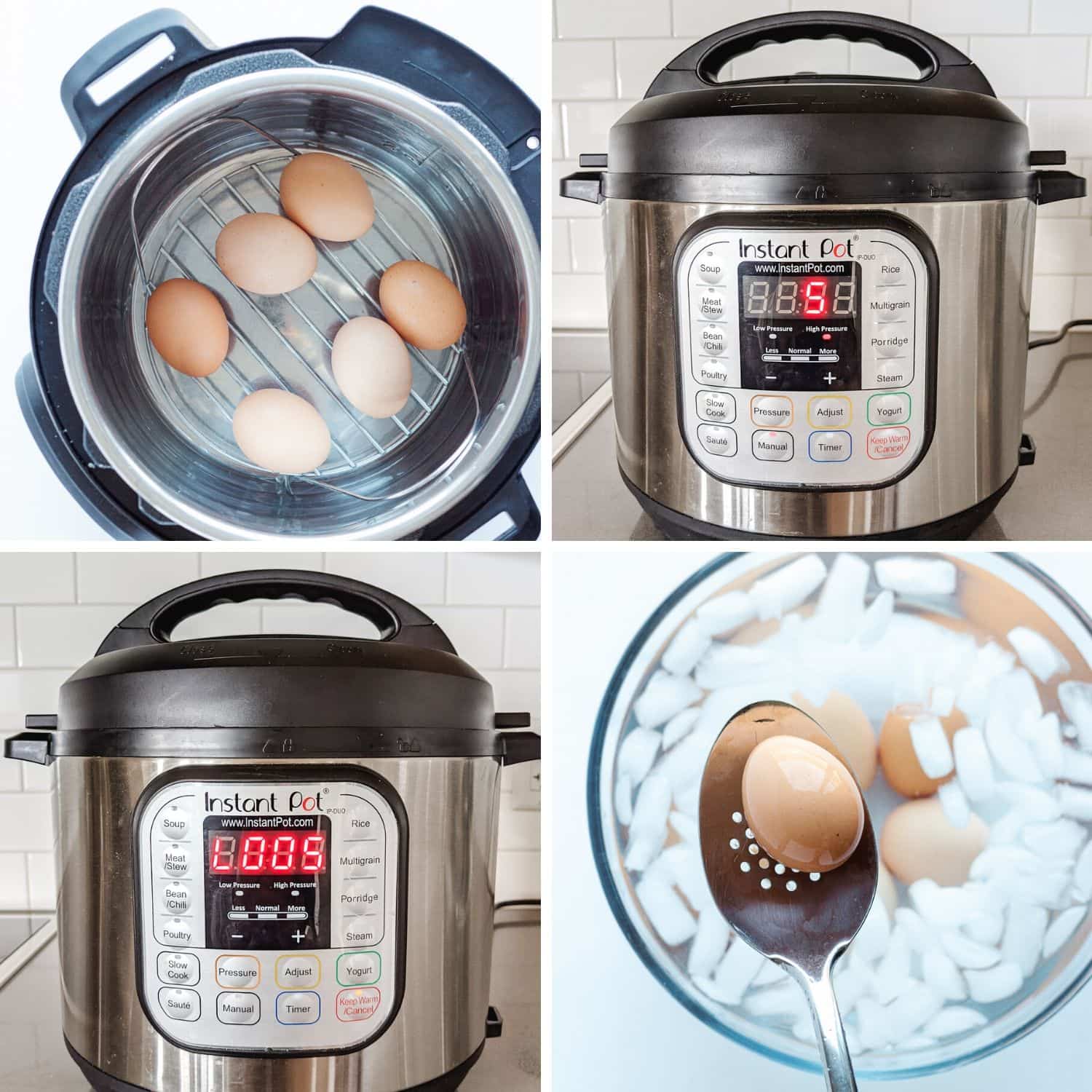Collage of photos showing how to make hard boiled eggs in the Instant Pot.