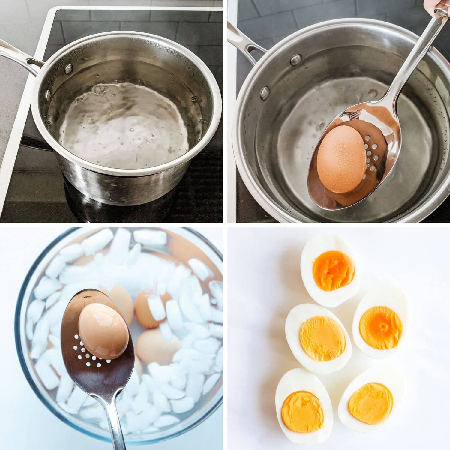 Collage of photos showing how to make hard boiled eggs using the stovetop method.
