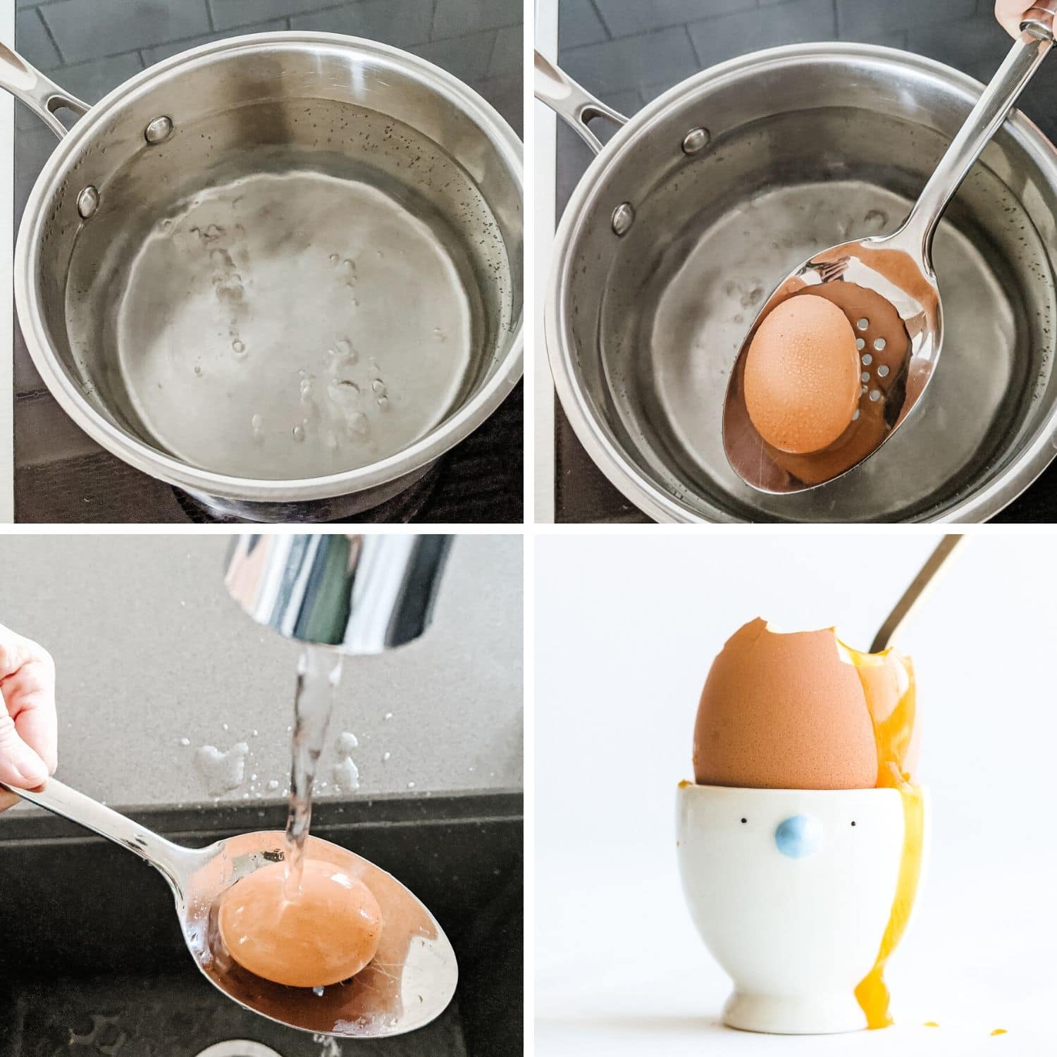 Collage of photos showing how to make a soft boiled egg on the stovetop.
