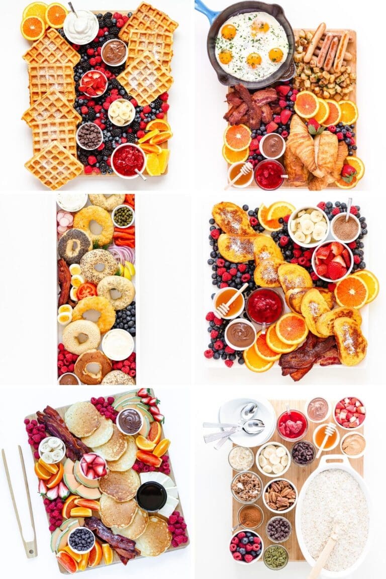 Collage of six different brunch board ideas.