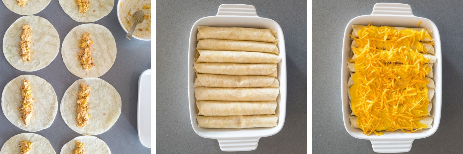 Collage of photos showing how to roll and assemble chicken enchiladas in casserole dish.