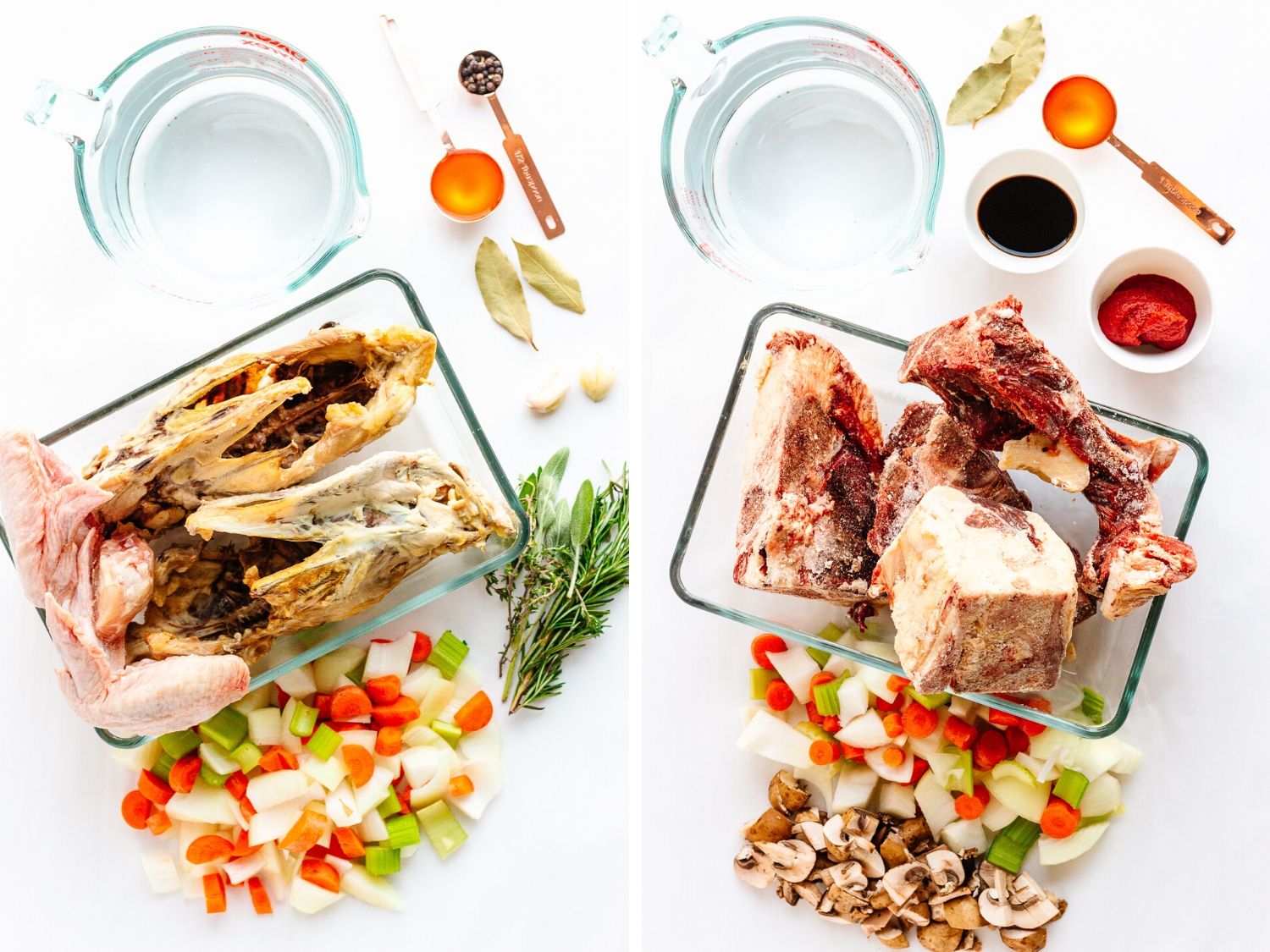 Collage of two photos showing ingredients used for chicken and beef bone broth.