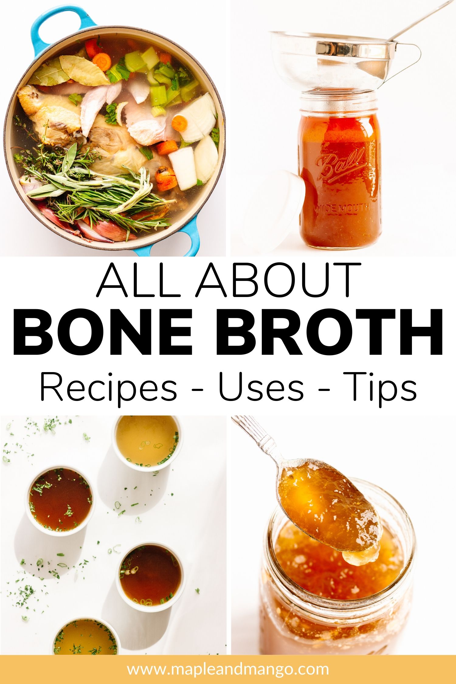 Collage of bone broth photos with text overlay for Pinterest.