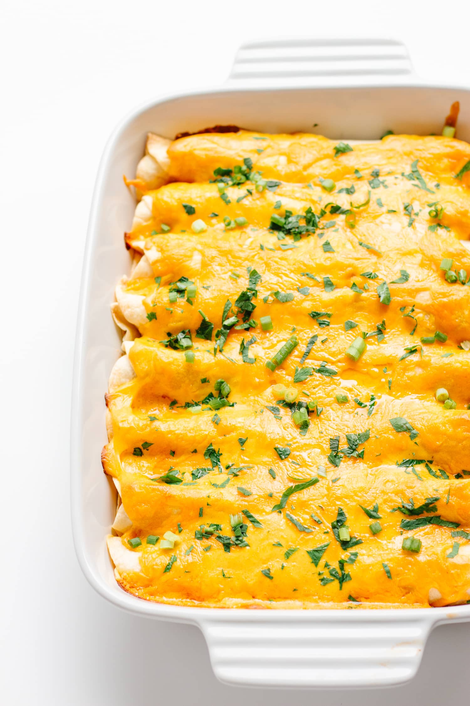 Cheesy Chicken Enchiladas in a white casserole dish.