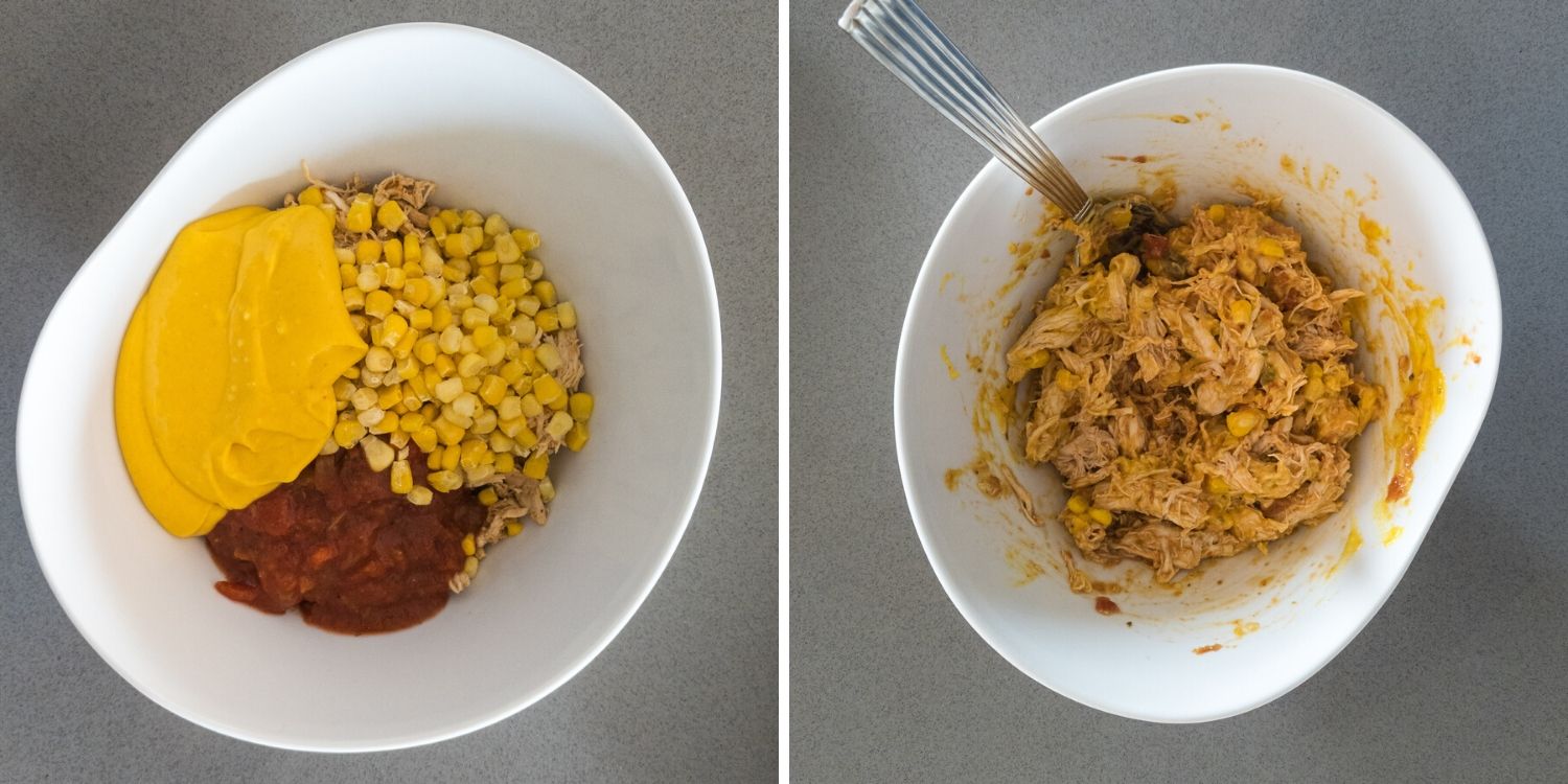 Photo collage showing chicken enchilada mixture in a white bowl before and after being combined with a spoon.