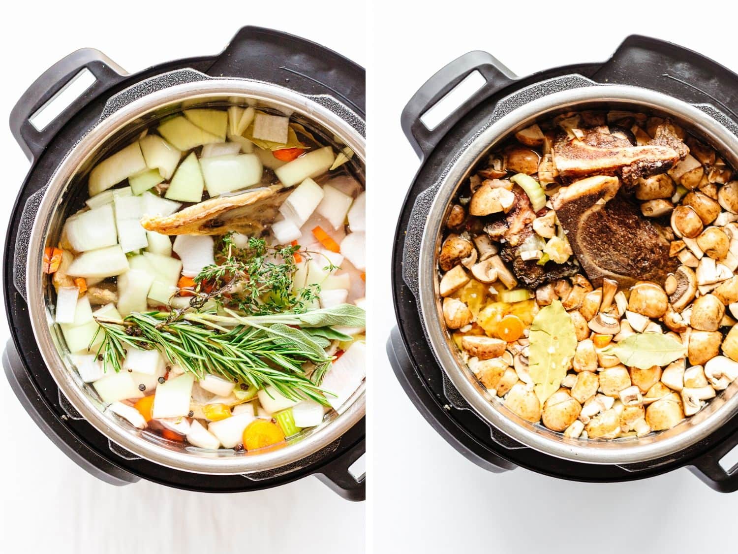 Overhead shot of two Instant Pots filled with ingredients to make chicken and beef bone broth.