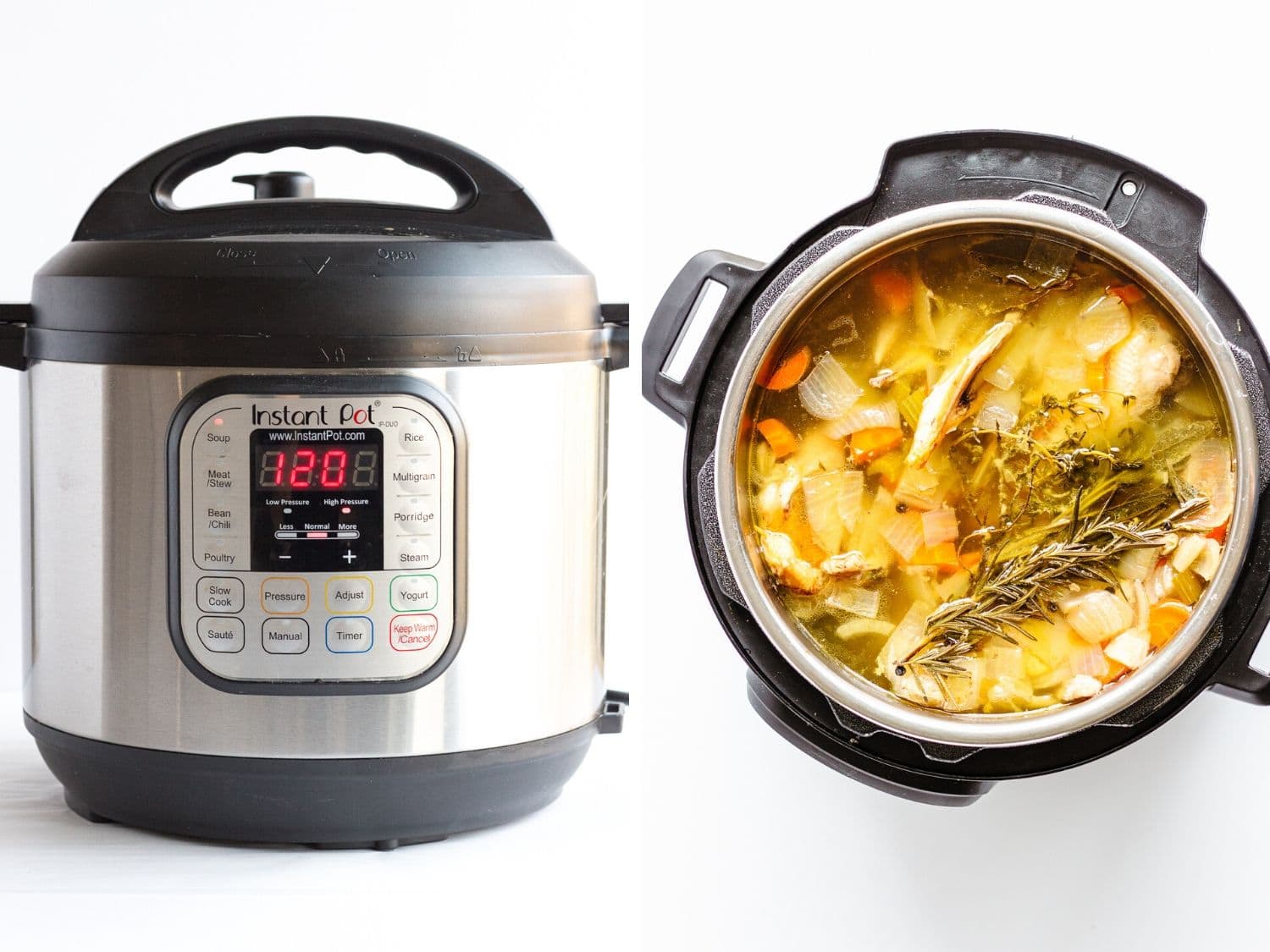 Collage of two photos showing an Instant Pot and the finished chicken bone broth (stock) inside.