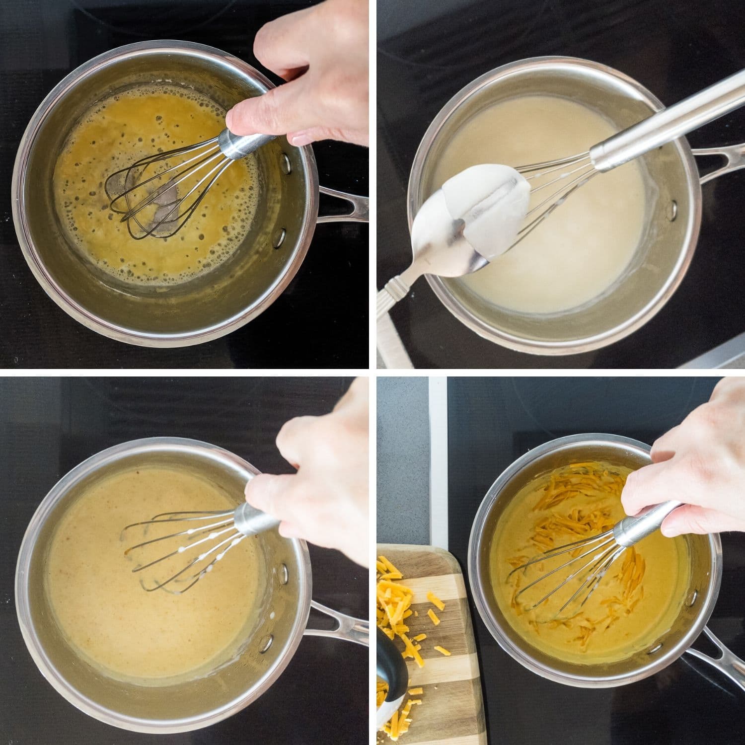 Photo collage showing process of making homemade nacho cheese sauce in a pot.