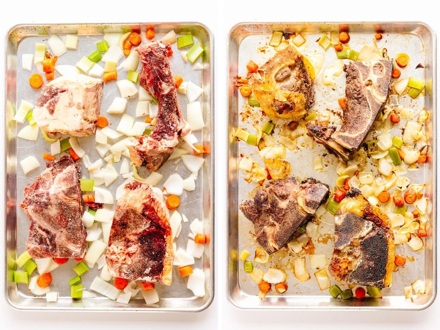 Collage of two photos showing baking sheet of beef bones, chopped onions, carrots and celery before and after roasting.