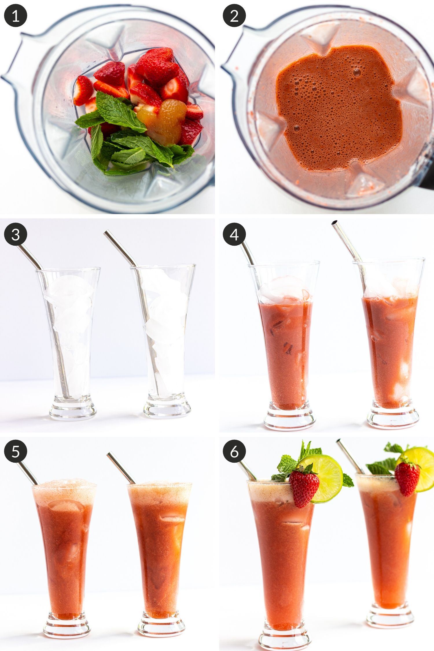 Collage of photos showing how to make Strawberry Mojito Mocktails