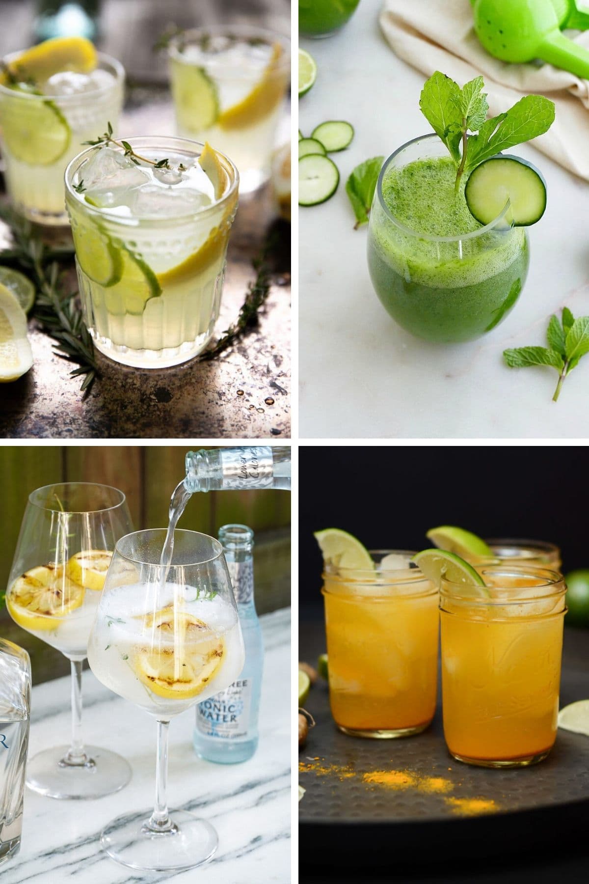 Collage of four summer gin cocktails.