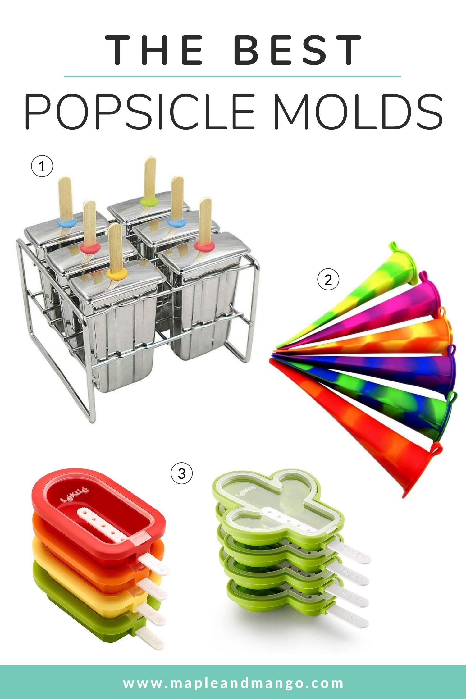 Graphic containing images of four different popsicle molds with text overlay "The Best Popsicle Molds"