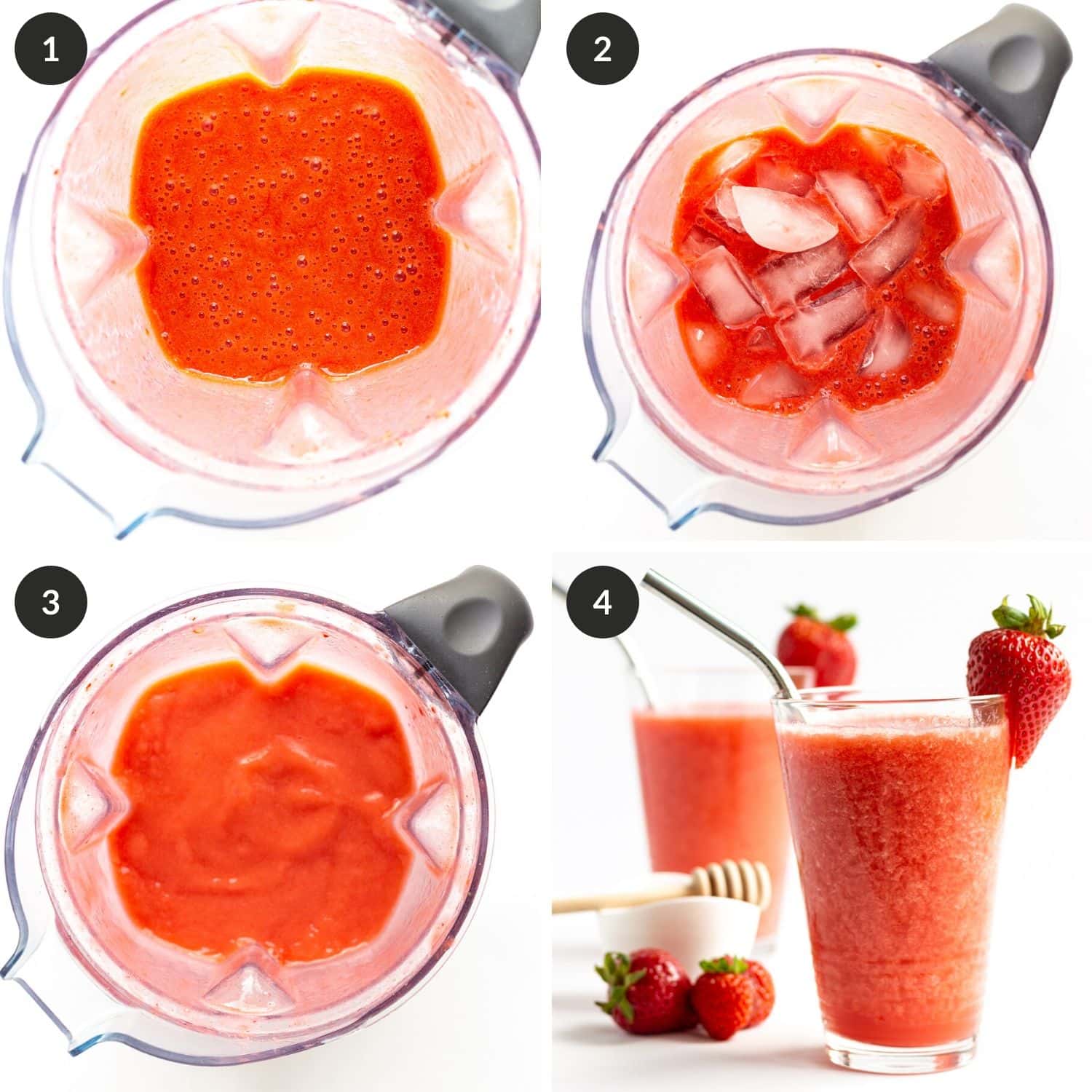 Collage of photos showing step by step process for healthy homemade strawberry slushies.