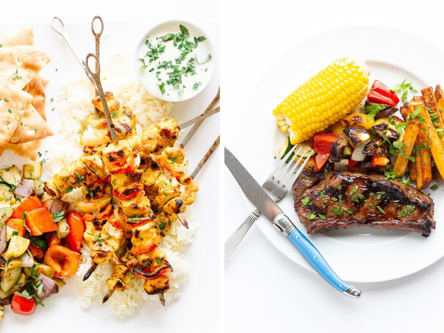 Collage of two different BBQ dinners: steak dinner and chicken kebabs dinner.